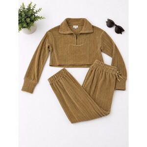Le Lis Collection Tan Ribbed Corduroy 2 Piece Set crop Quarter Zip Joggers S M